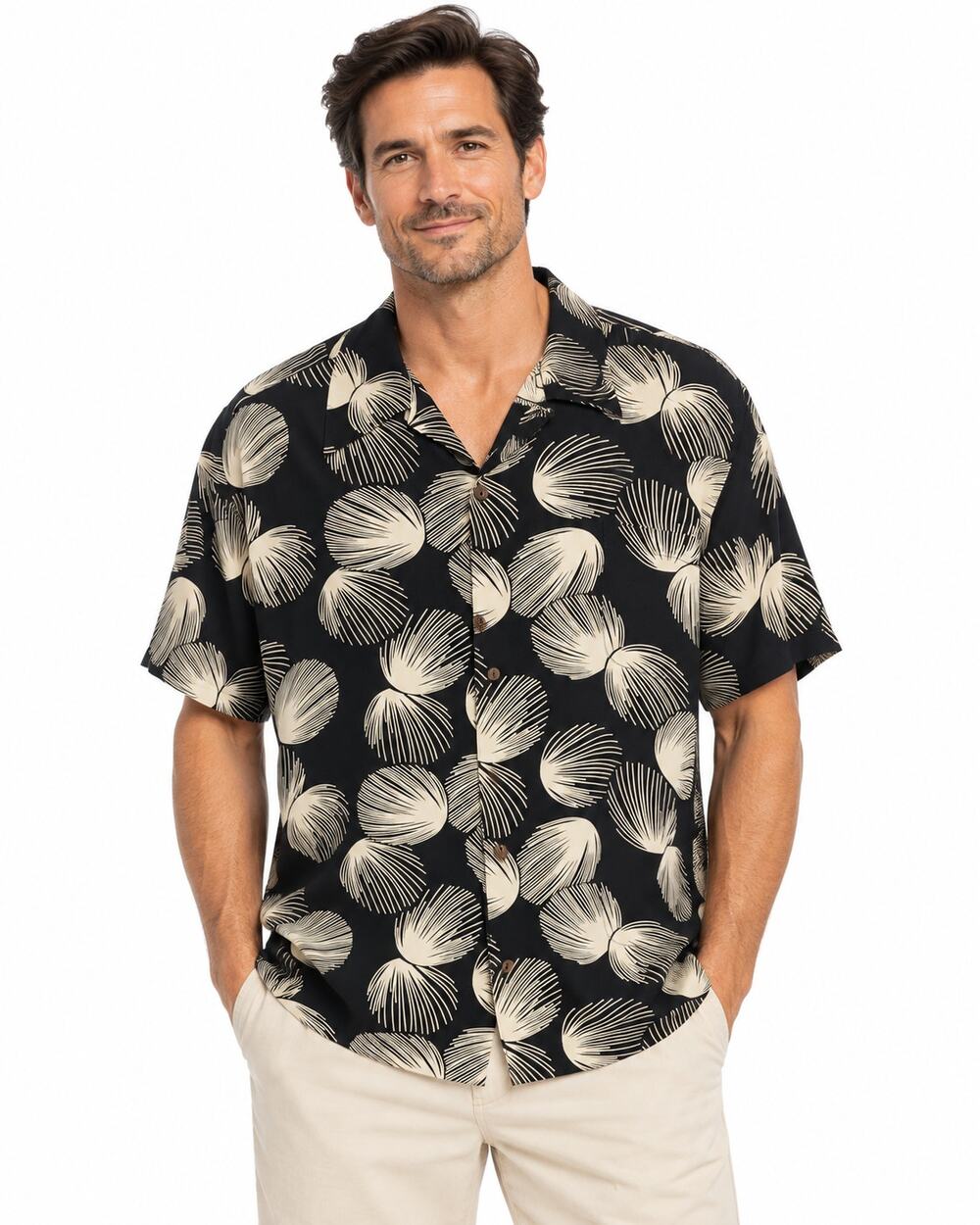 Avanti XXL 100% Silk Aloha Shirt Black Ivory Scallop Shell Hawaiian